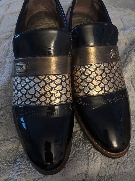 Other - Black Patent Slip-On Loafers with Bronze Accent